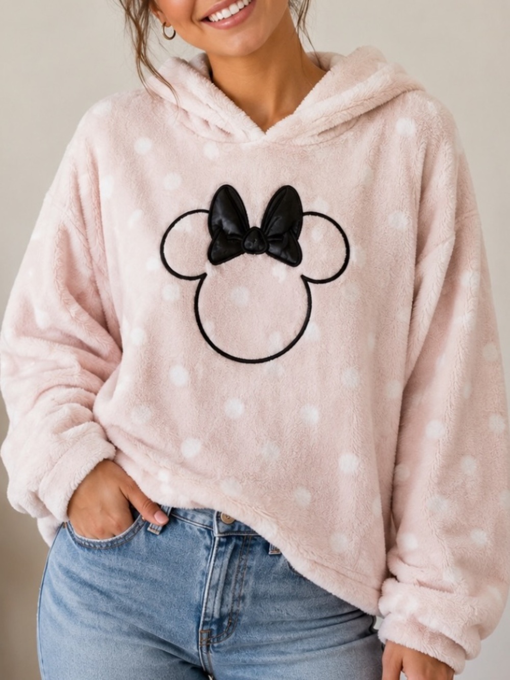 Disney Fleece Hoodie Womens Size Large (Estimate) Pink Polka Dot Minnie Mouse